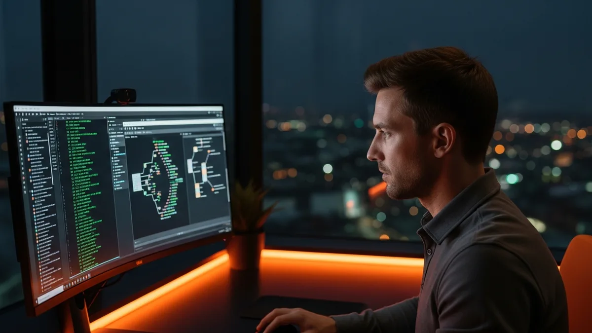 Cybersecurity threat hunter analyzing PowerShell command line logs and process tree on ultrawide terminal session