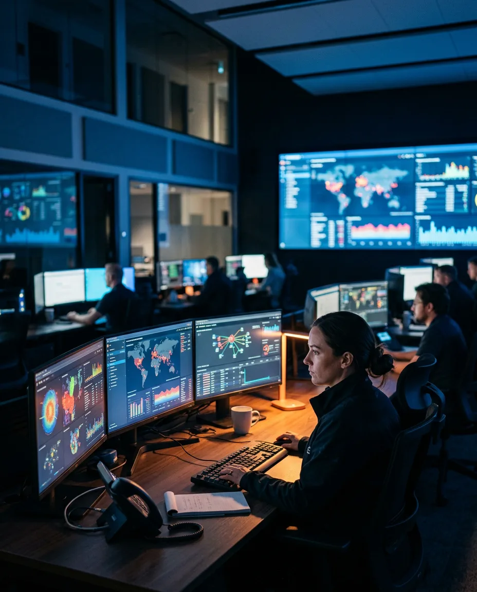 SOC analyst monitoring security dashboards in a modern cybersecurity operations center