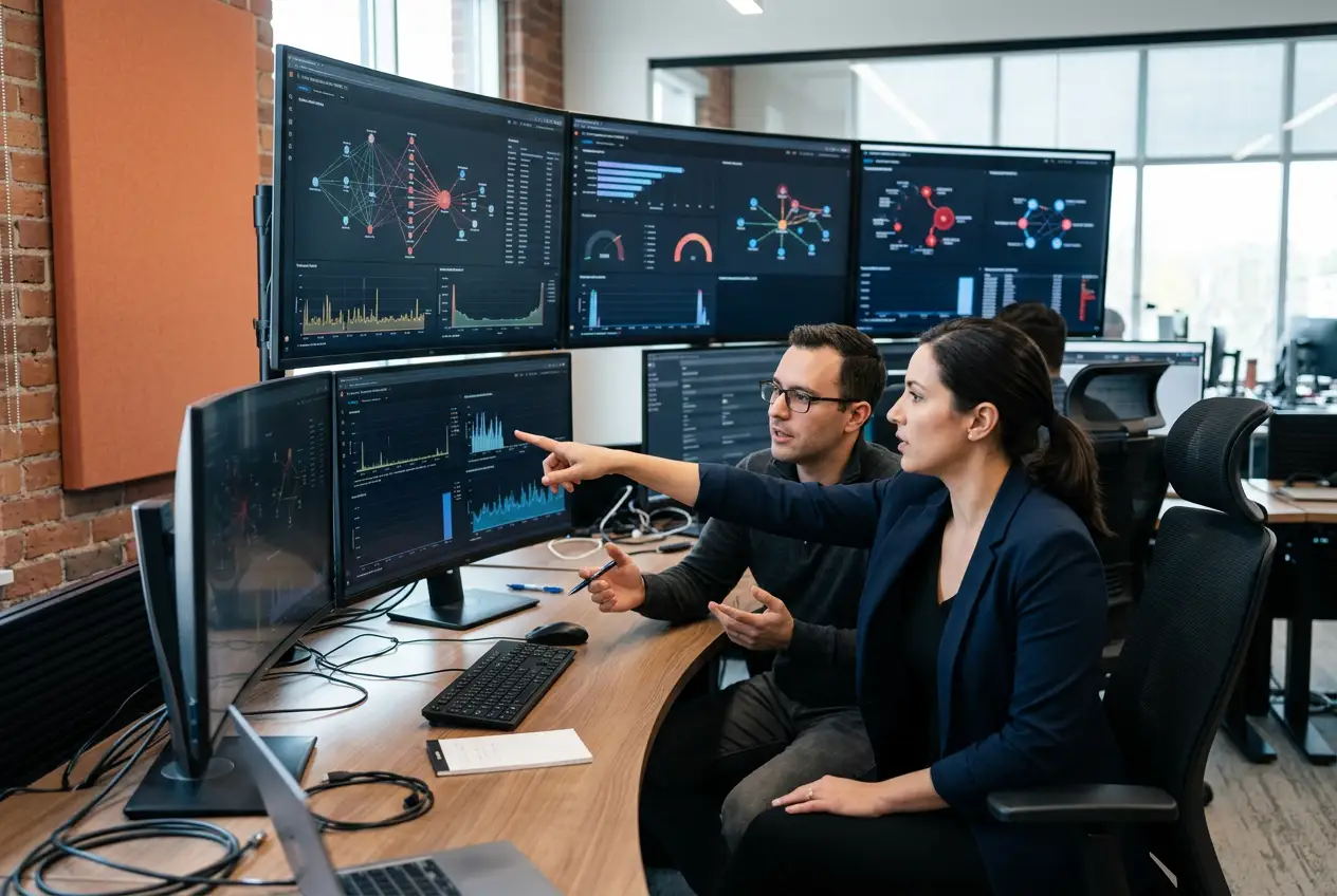SOC analyst team reviewing threat alerts on multiple security monitoring screens