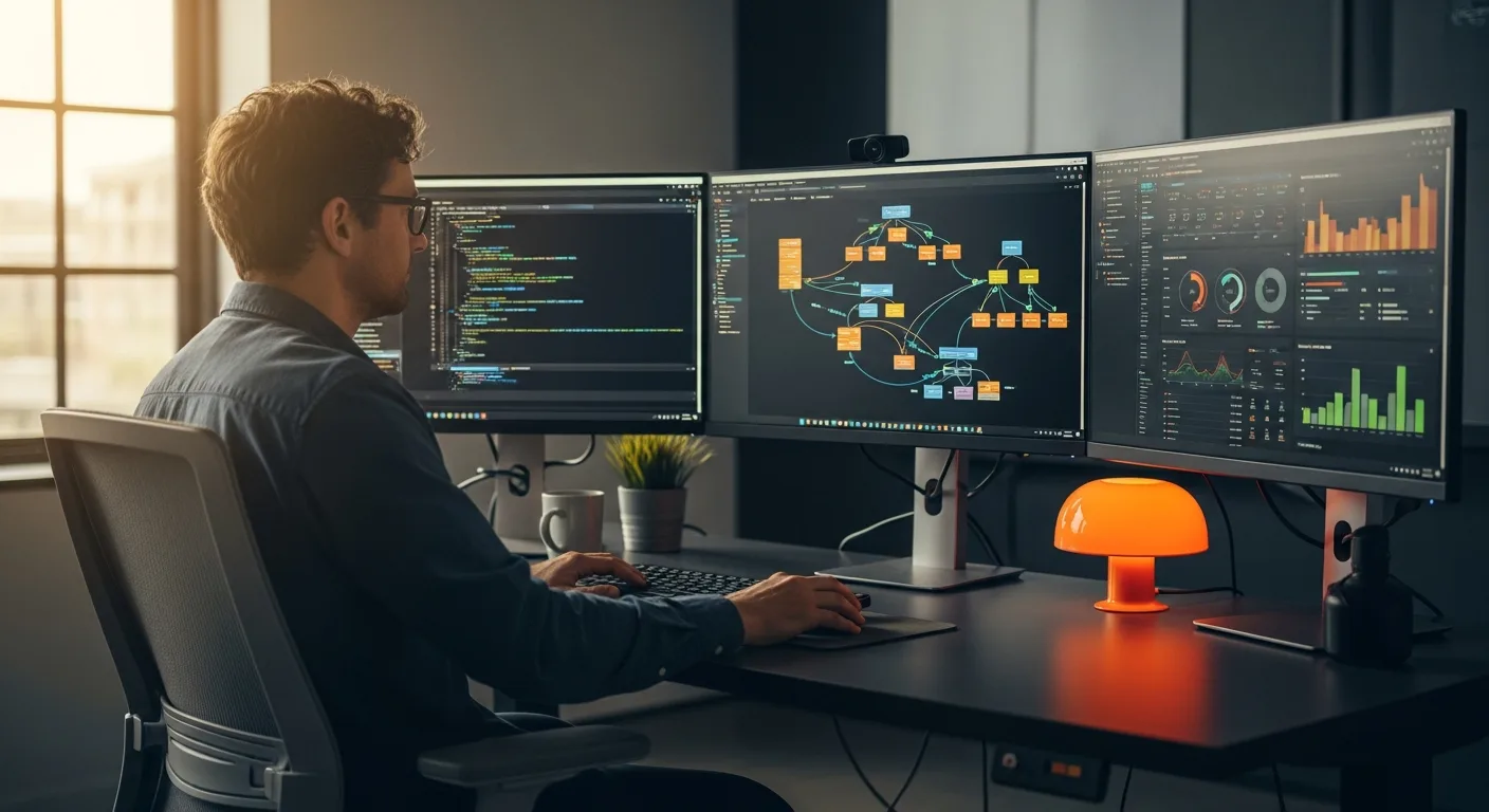 Senior software engineer at a multi-monitor workstation reviewing distributed system architecture, pull request diffs, and observability dashboards in a modern engineering office