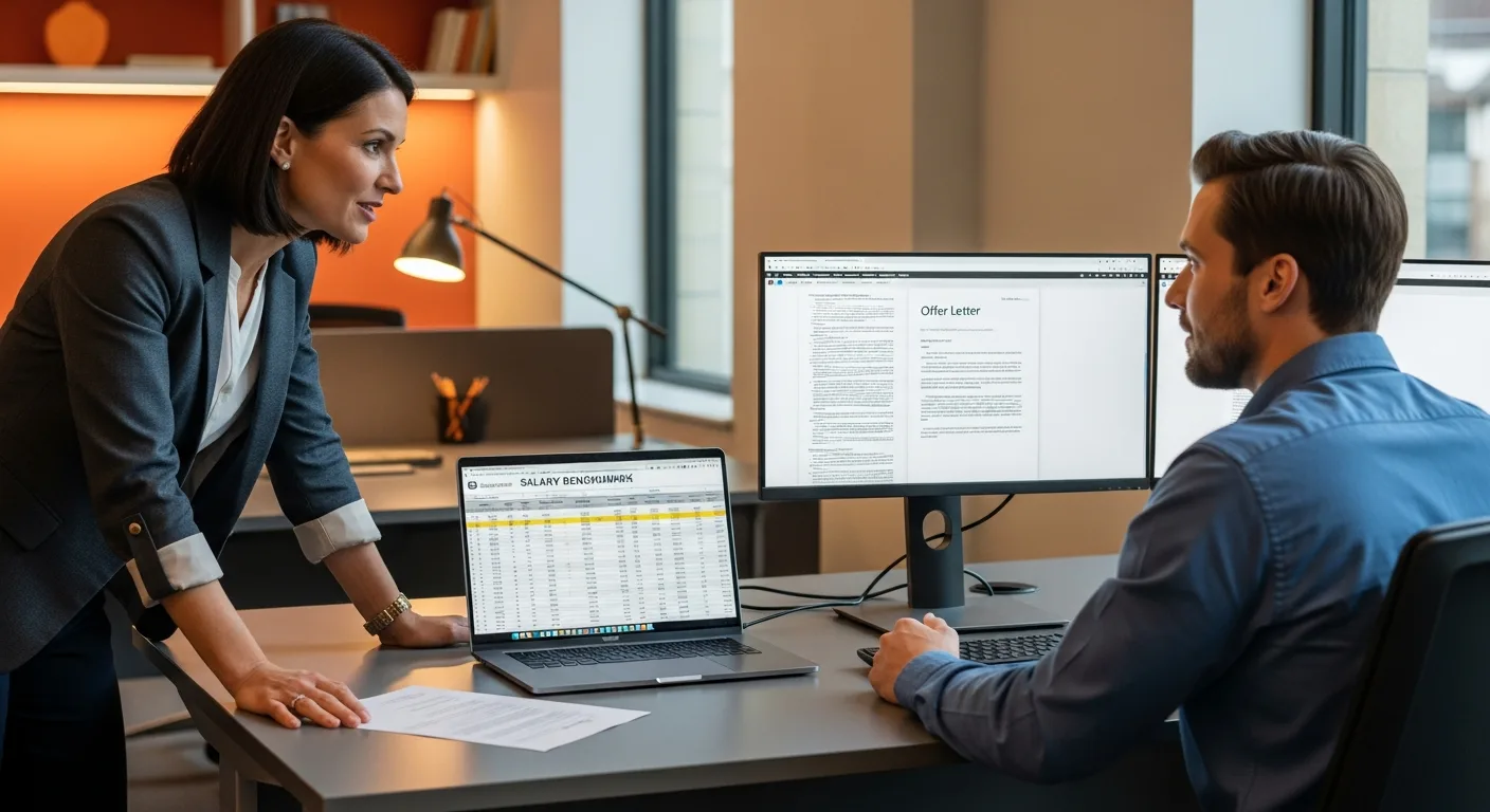 Hiring manager and senior software engineer reviewing salary benchmark spreadsheet with offer-letter draft on a second monitor in an Orange County recruiting office