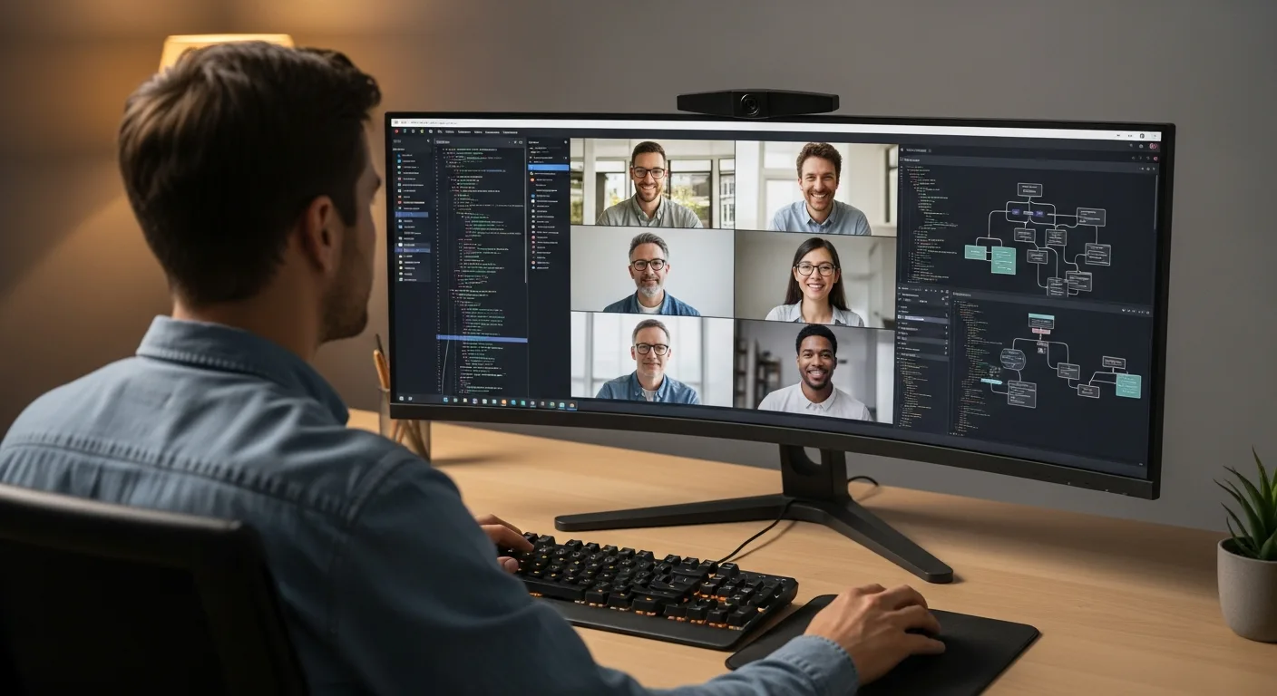 Diverse remote software engineering team on a video call collaborating across multiple time zones with code editor and architecture diagrams visible on shared screens