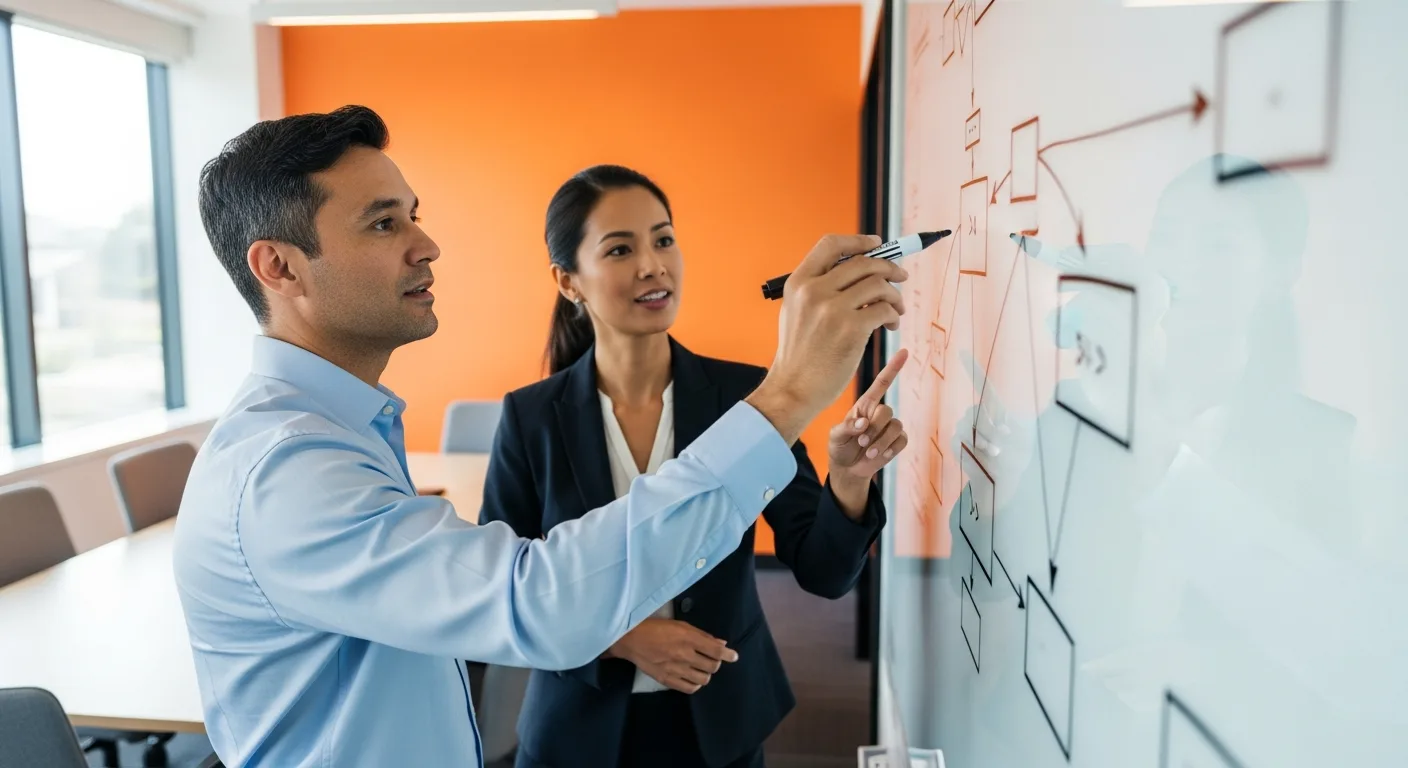 Two senior software engineers reviewing distributed system architecture diagrams on a glass whiteboard during a system design session in a modern tech office