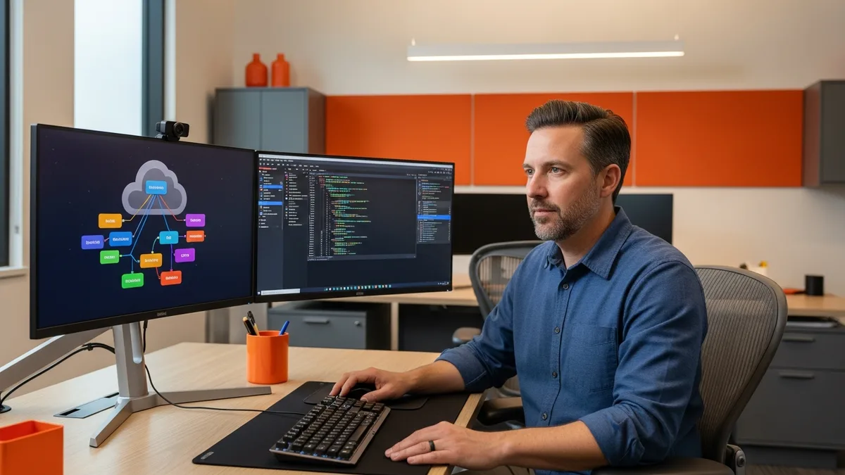 Solutions architect reviewing abstract cloud architecture diagram on ultra-wide monitor with code editor in modern office