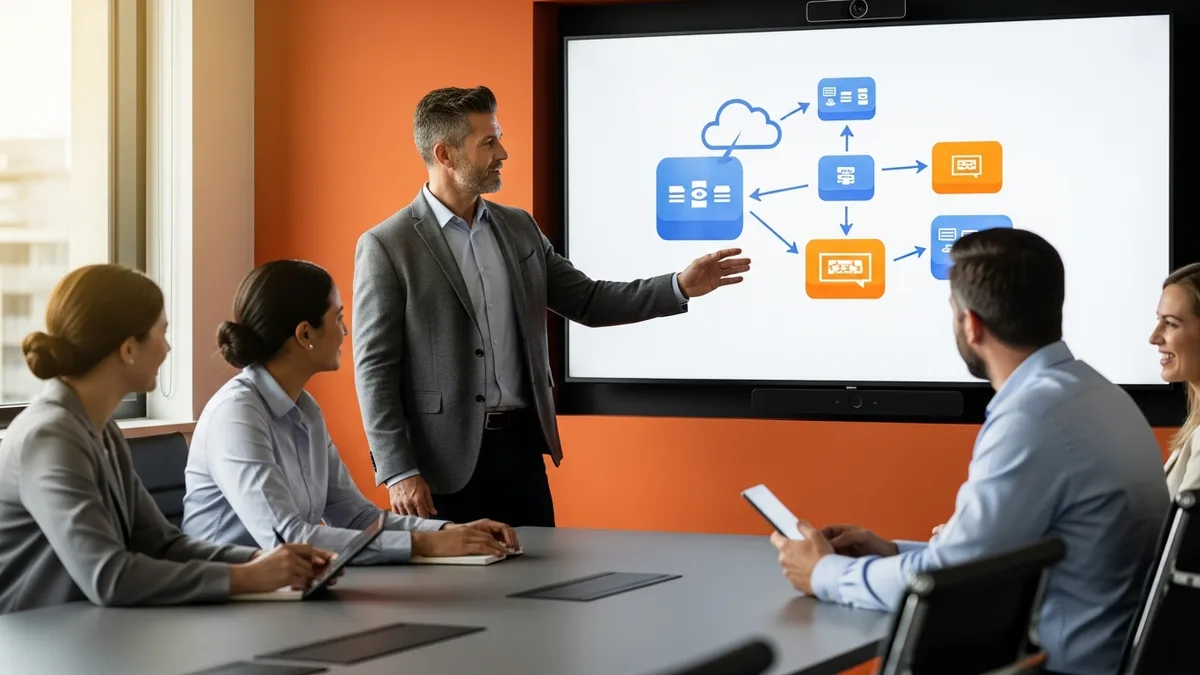 Senior solutions architect presenting cloud migration architecture to business stakeholders in conference room
