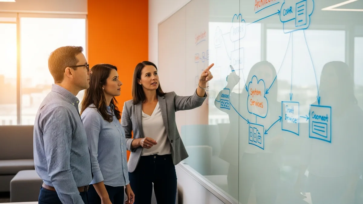 Solutions architect collaborating with engineering leads around glass whiteboard with system architecture diagrams