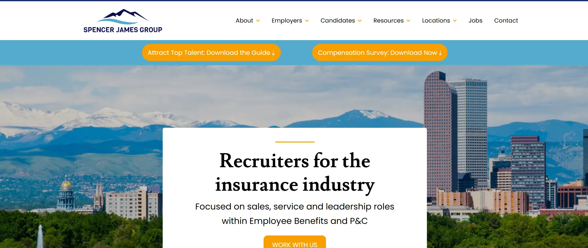 Spencer James Group executive search homepage showing Recruiters for the insurance industry headline
