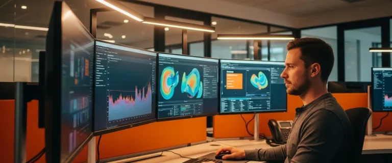 Site reliability engineering operations center with observability dashboards on ultrawide monitors