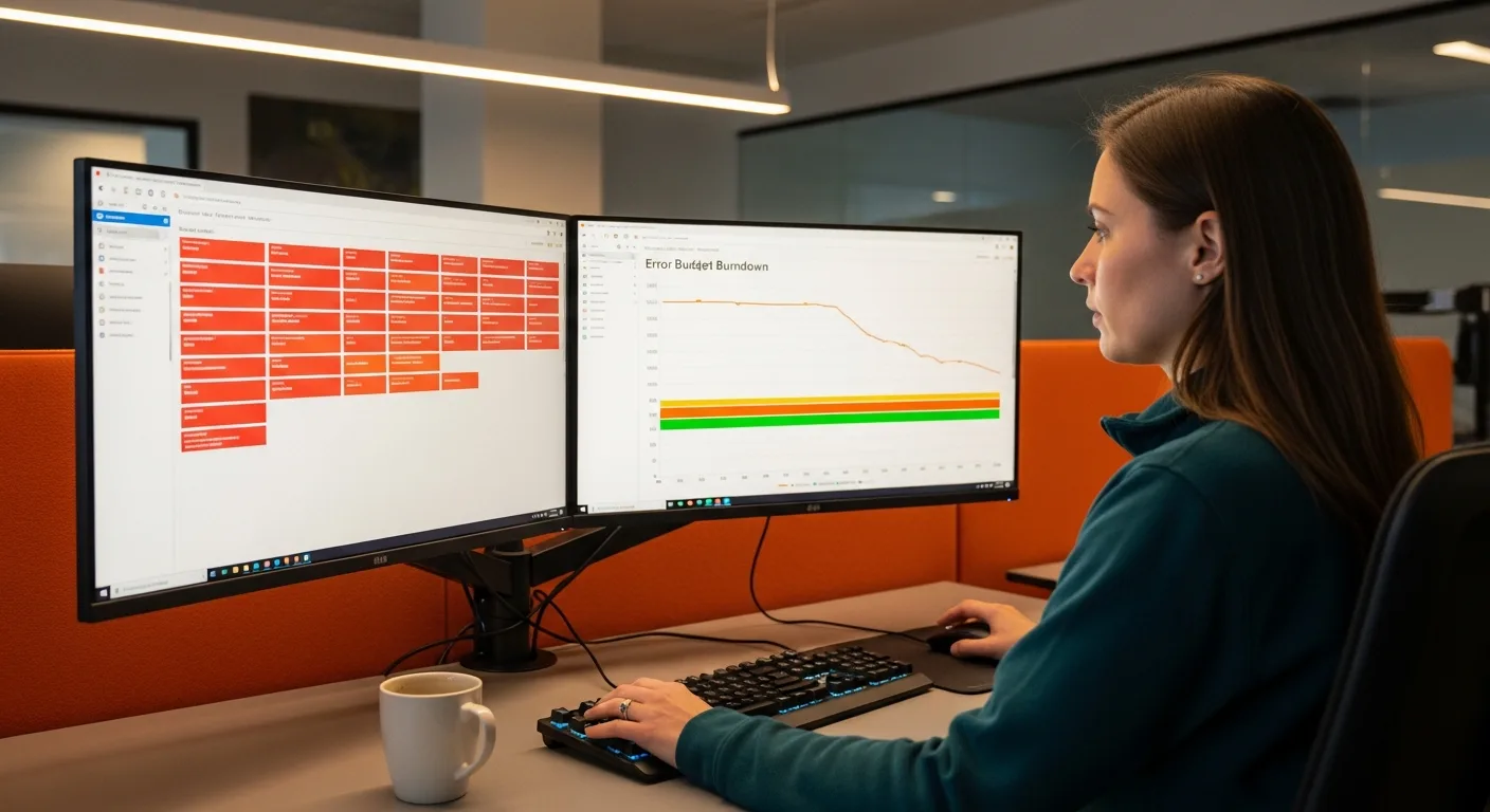 Site reliability engineer monitoring incident dashboard with error budget metrics on multi-monitor workstation