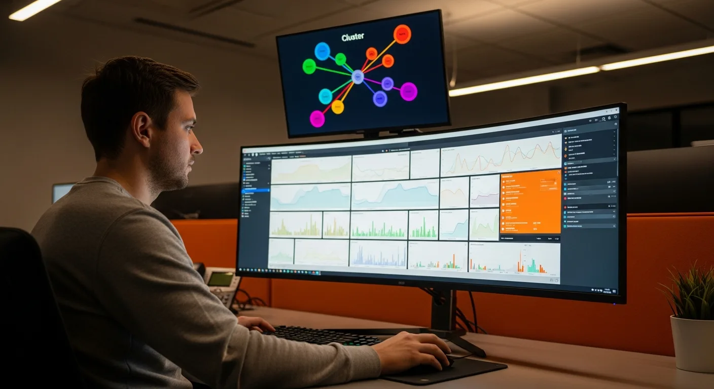 SRE engineer reviewing Kubernetes cluster observability dashboard with Prometheus and Grafana metrics