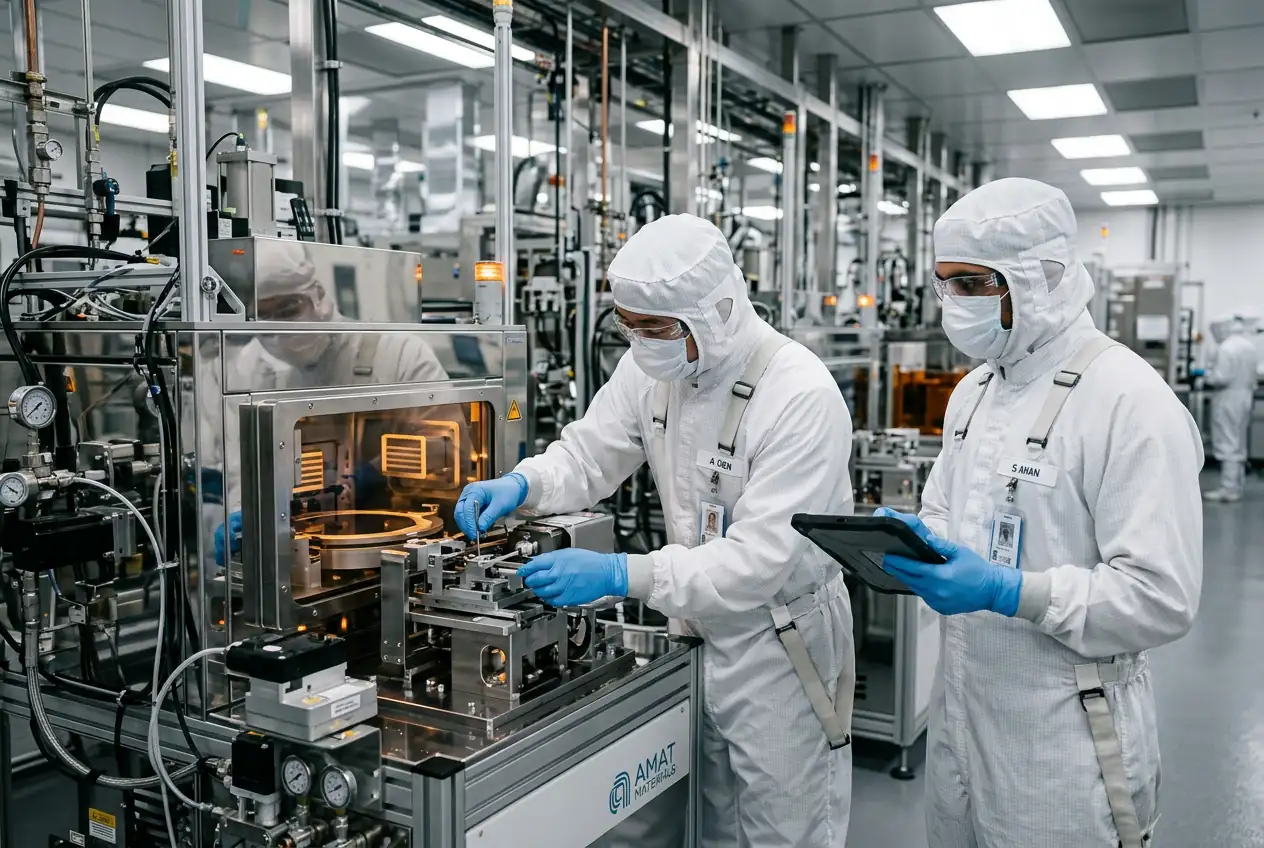 Two cleared semiconductor process engineers in cleanroom bunny suits inspecting a 300 millimeter wafer fab tool at an Intel Rio Rancho New Mexico campus