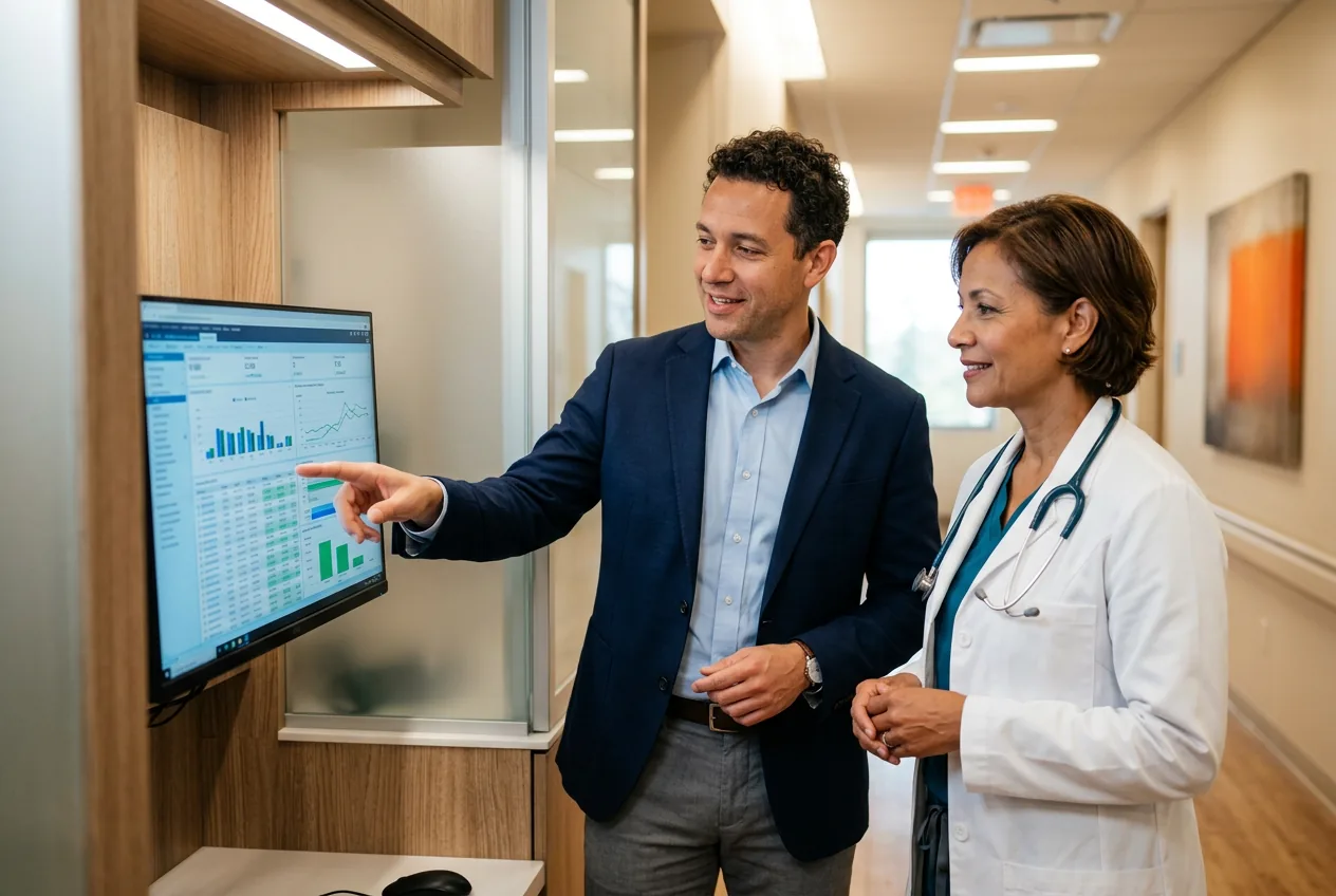 Healthcare IT consultant working with a physician on an Epic dashboard in the UNM Hospital Albuquerque corridor