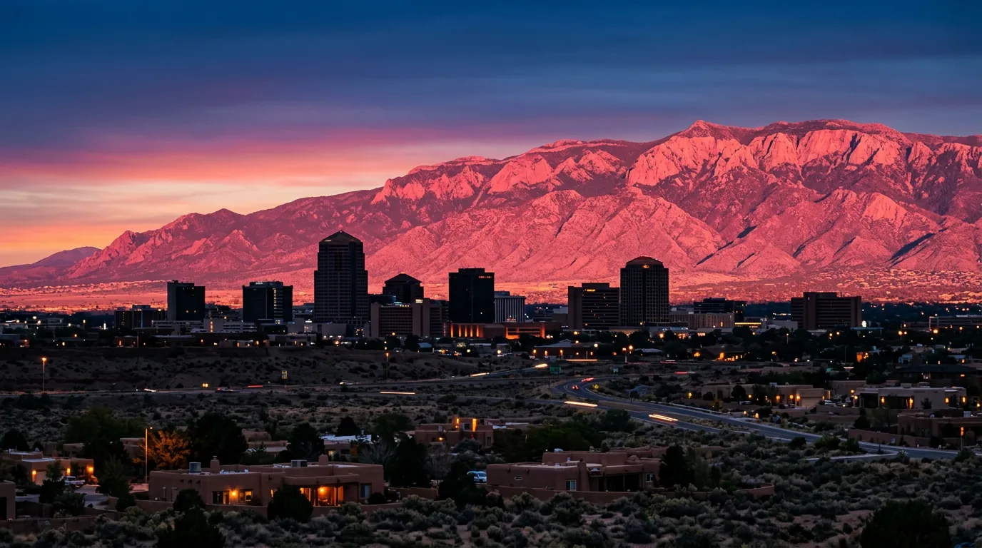 Sandia mountains glowing watermelon pink at sunset above the downtown Albuquerque New Mexico skyline with high desert mesa and adobe architecture in the foreground