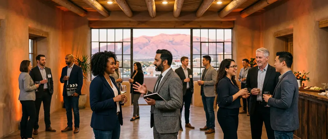 Diverse business professionals from defense semiconductor healthcare film and IT gathered in a restored adobe loft in downtown Albuquerque New Mexico with the Sandia mountains glowing pink through industrial windows
