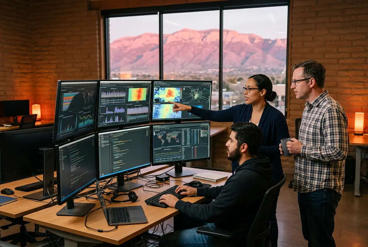 Cybersecurity engineers and software developers collaborating around a multi-monitor SOC workstation in a modern Albuquerque New Mexico technology office with Sandia mountains visible through large windows at dusk