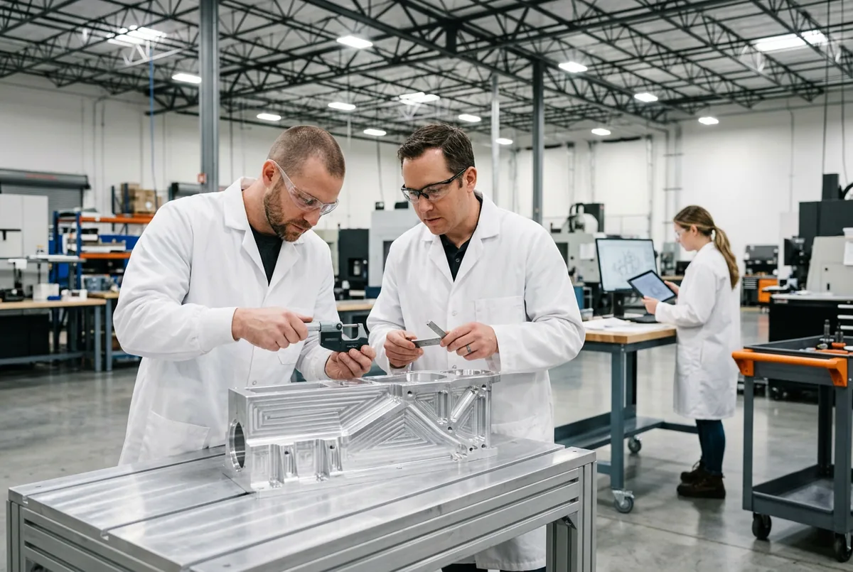 Aerospace and defense engineers in safety glasses inspecting a precision-machined metal component in an Anaheim California manufacturing facility