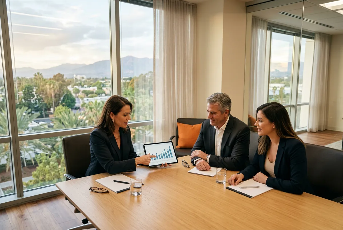 Three finance executives in a sunlit Anaheim conference room reviewing quarterly financial reports on a tablet with palm trees visible outside the windows