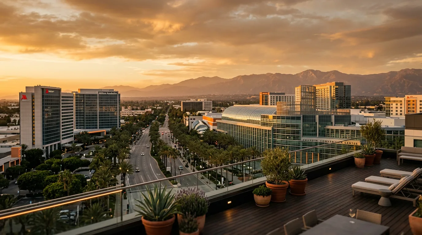 Anaheim California Convention Center and Resort District skyline at golden hour with palm trees and the San Gabriel Mountains in the distance