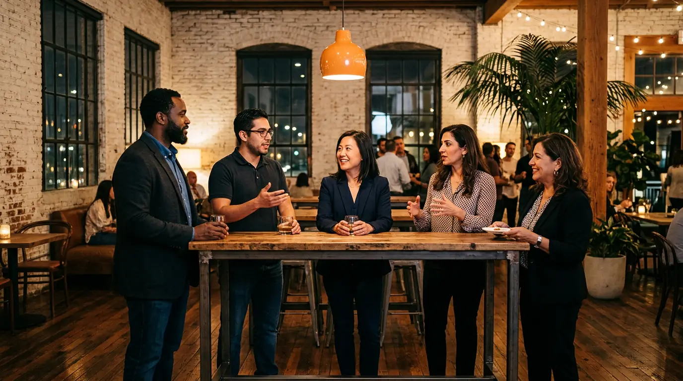 Diverse business professionals from hospitality healthcare manufacturing tech and finance gathered in a restored brick-and-timber Anaheim Packing District-style space