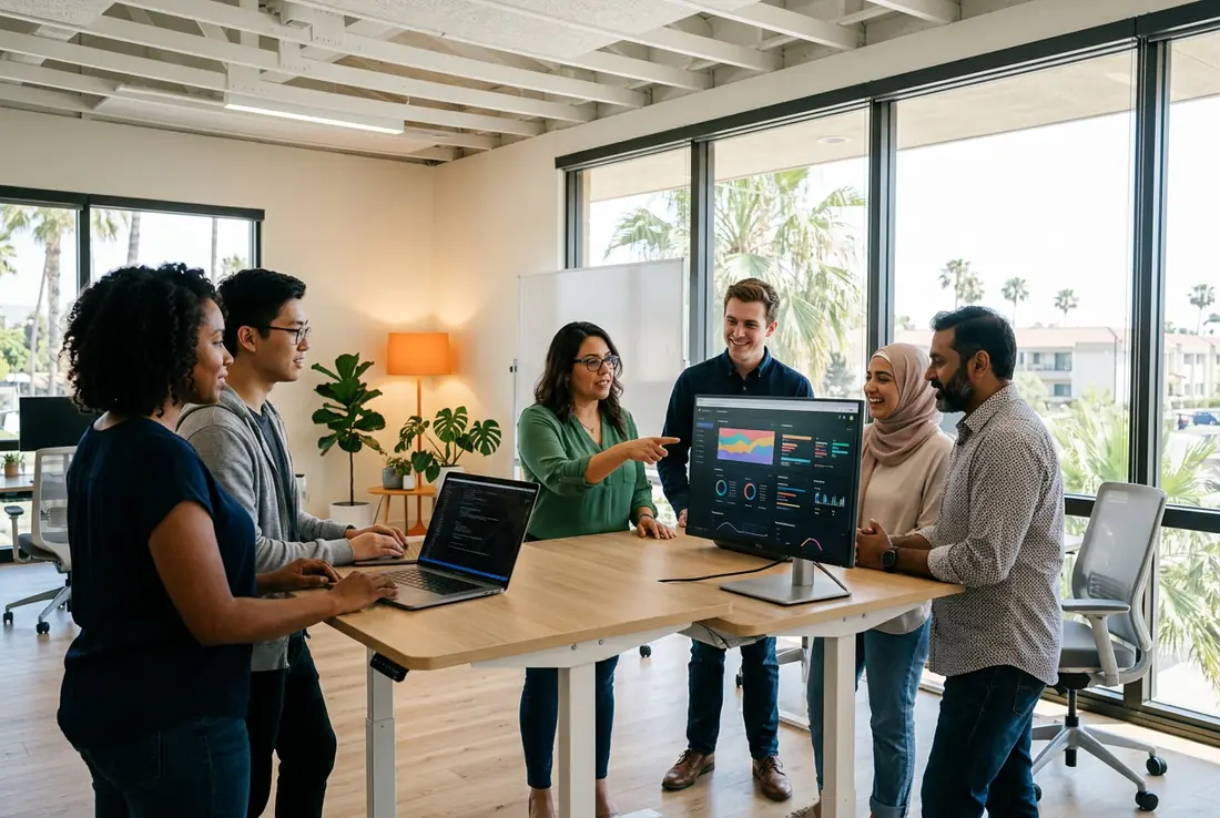 Software engineers and IT professionals collaborating around a standing desk in a bright modern Anaheim Orange County technology office