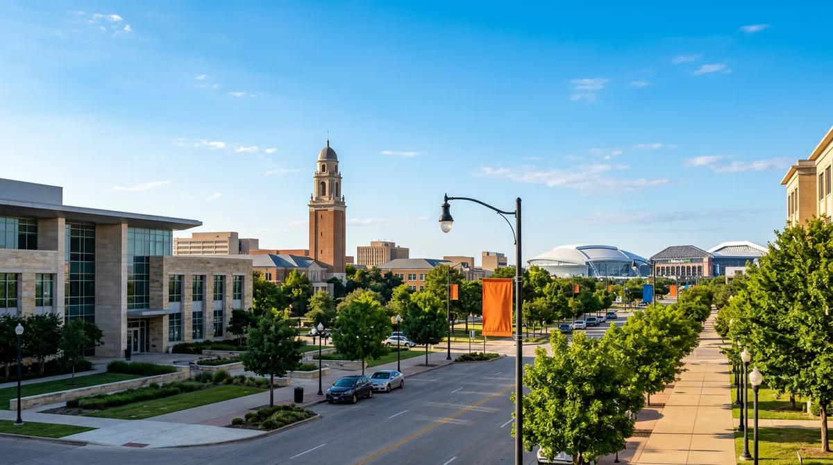 Downtown Arlington Texas with the UT Arlington campus, City Hall, and the Entertainment District visible against a bright Texas sky