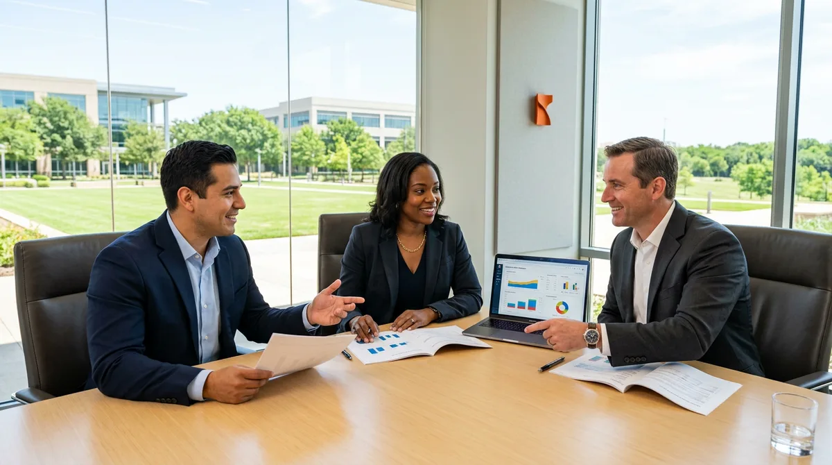 Finance professionals collaborating around reports and dashboards in a sun-lit corporate campus in Arlington Texas