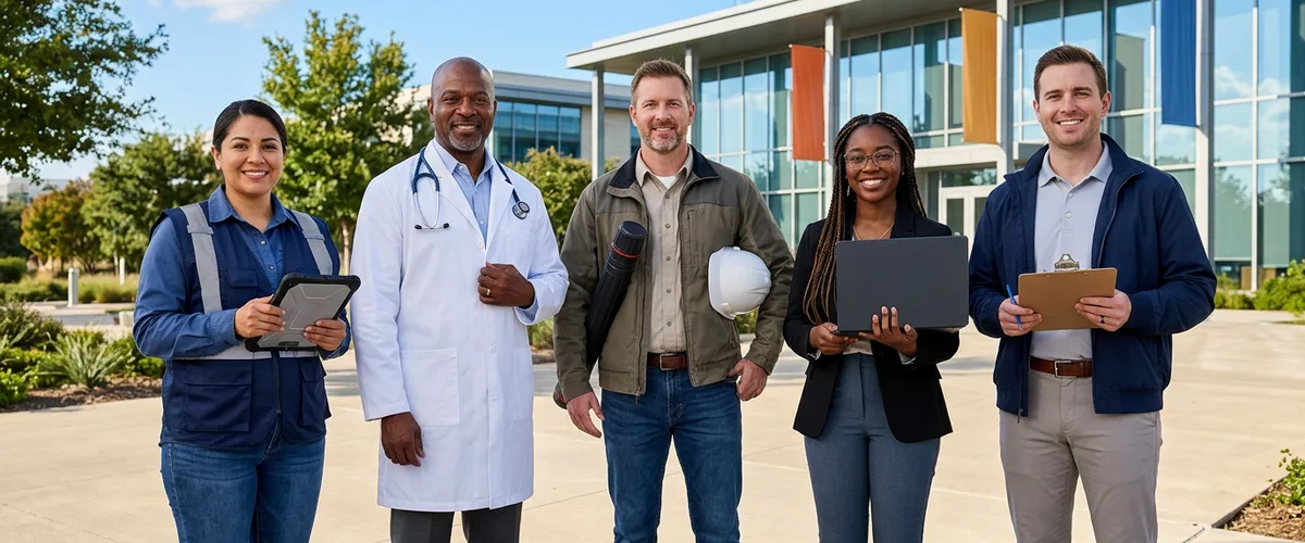 Diverse Arlington Texas professionals representing automotive manufacturing, healthcare, construction, and higher education collaborating outside a modern corporate plaza