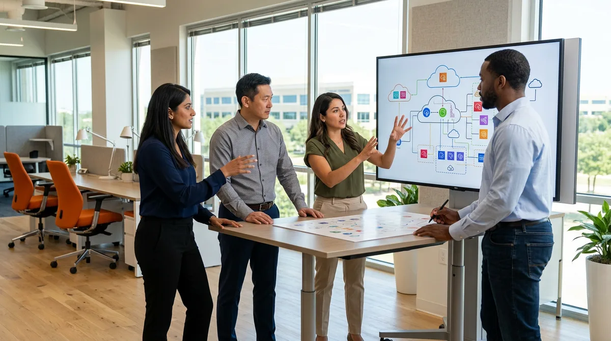 Corporate IT team reviewing data dashboards in a modern Mid-Cities office building near Arlington Texas