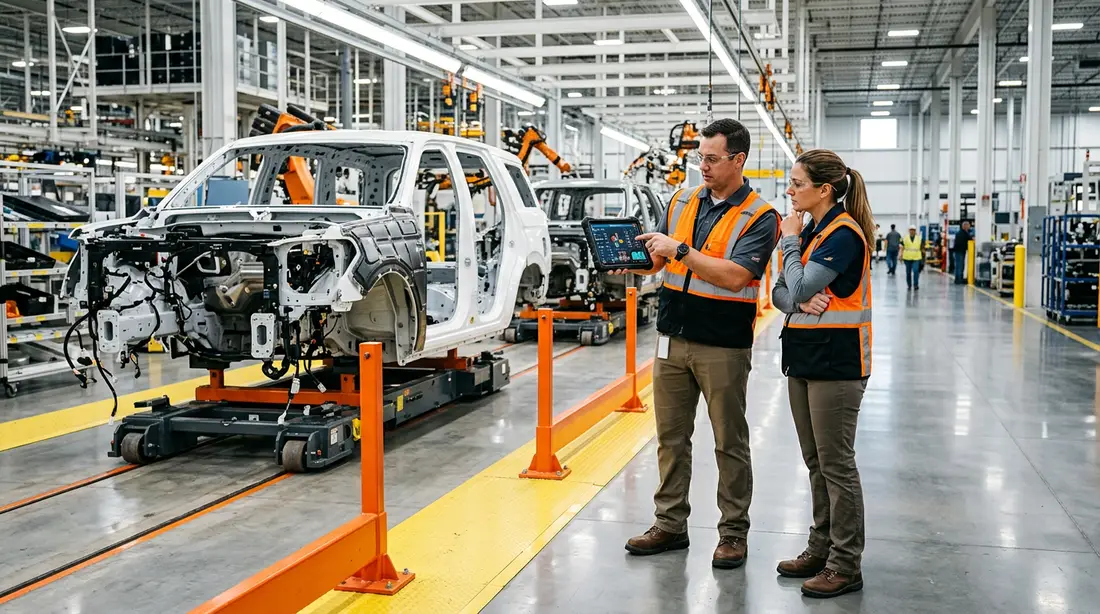 Automotive manufacturing engineers reviewing quality data and tooling on a full-size SUV assembly line in an Arlington Texas plant