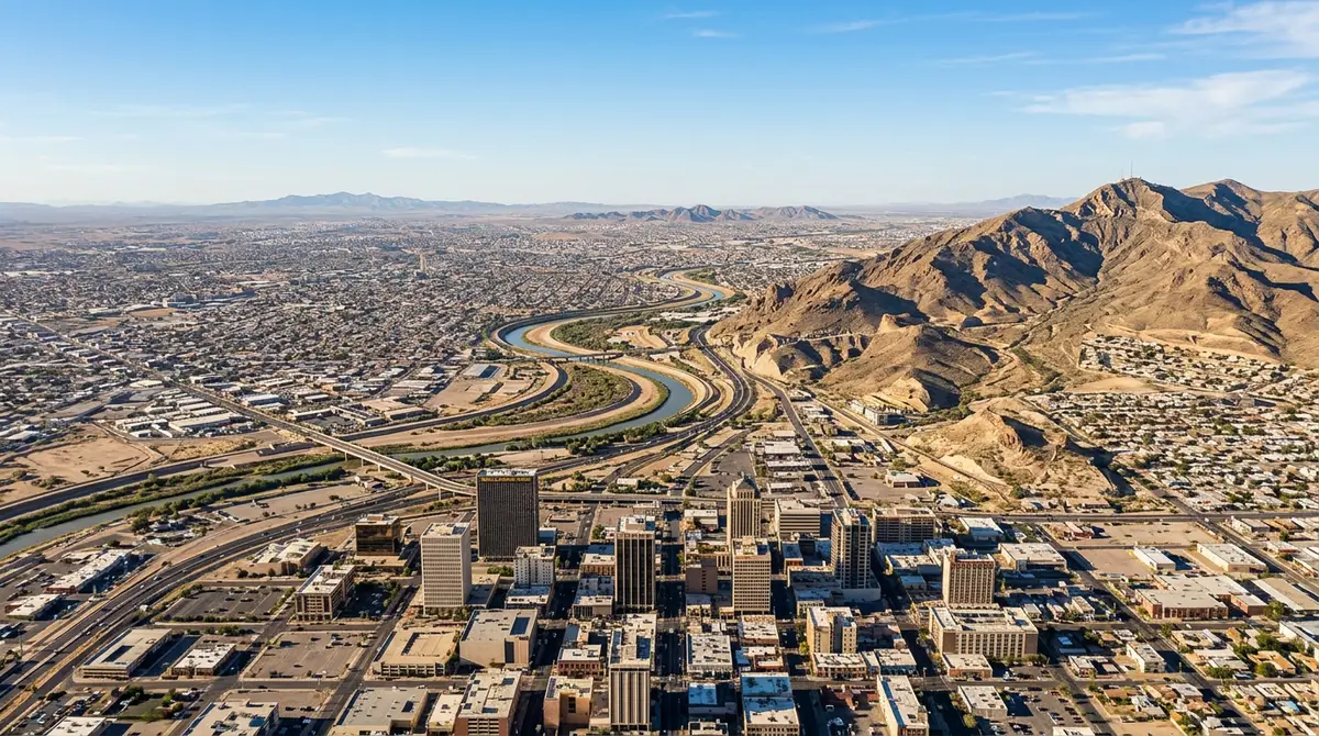 Aerial daytime view of El Paso Texas showing the downtown skyline the Rio Grande curving through the valley the Franklin Mountains on the right and the city of Ciudad Juarez stretching across the horizon