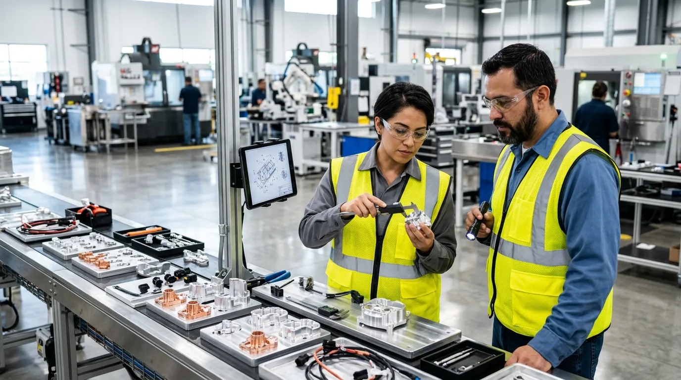 Two manufacturing engineers in safety glasses and high-visibility vests inspecting precision-machined automotive electrical components on an assembly line in a modern cross-border maquiladora facility in El Paso Texas