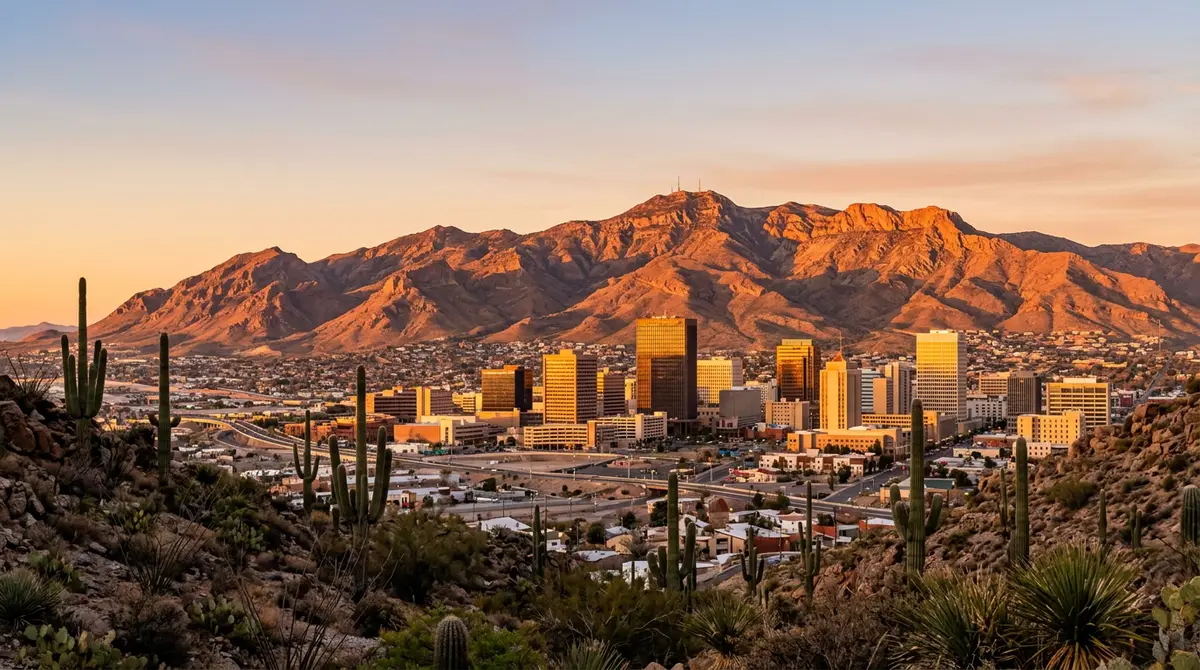 Franklin Mountains glowing copper at sunrise behind the downtown El Paso Texas skyline with the Rio Grande valley in the foreground
