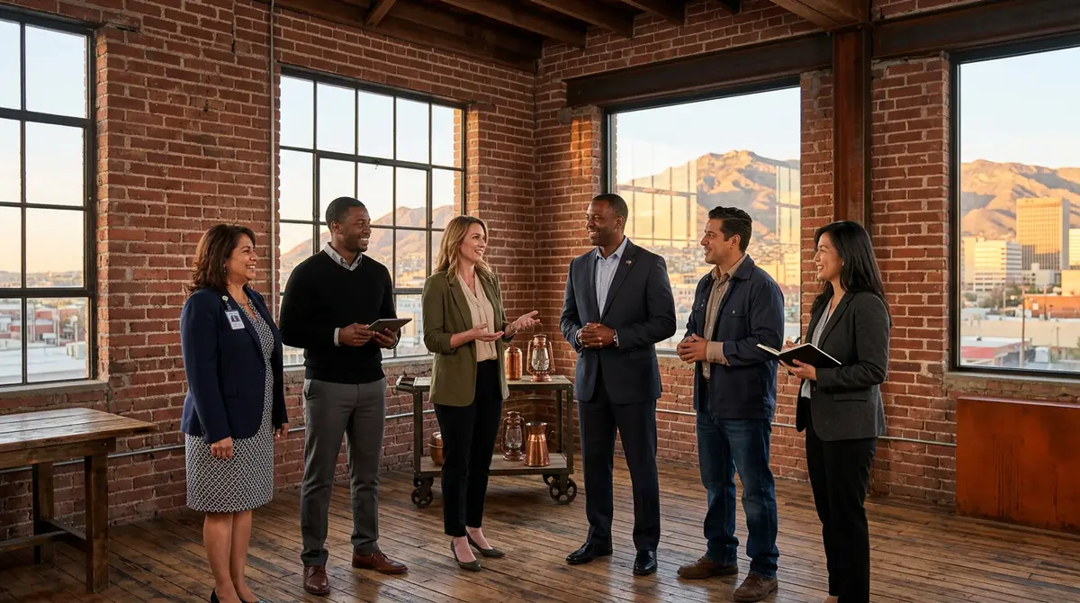 Diverse business professionals from manufacturing logistics healthcare defense finance and IT gathered in a restored brick warehouse loft in downtown El Paso Texas with the Franklin Mountains visible through large industrial windows