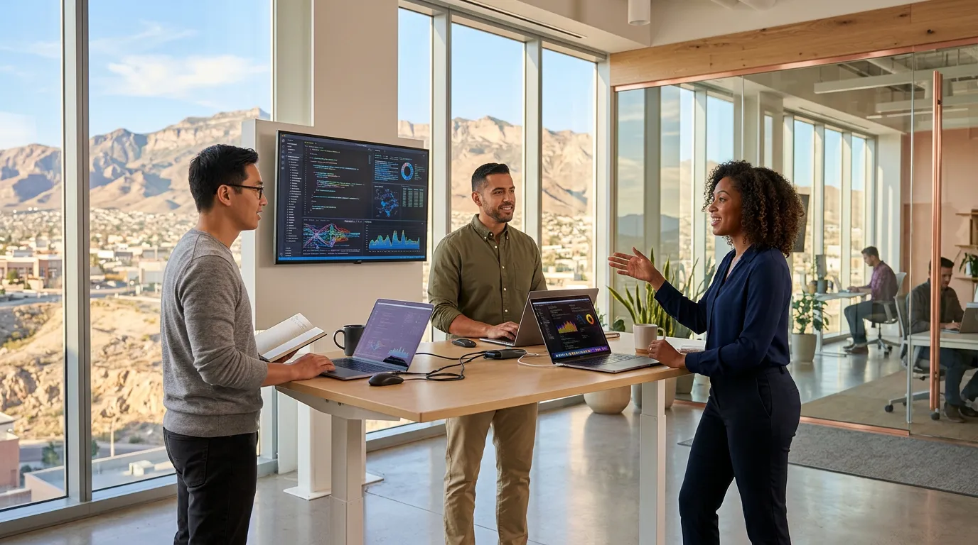 Software engineers and IT professionals collaborating around a standing desk in a bright modern El Paso Texas technology office with the Franklin Mountains visible through floor-to-ceiling windows