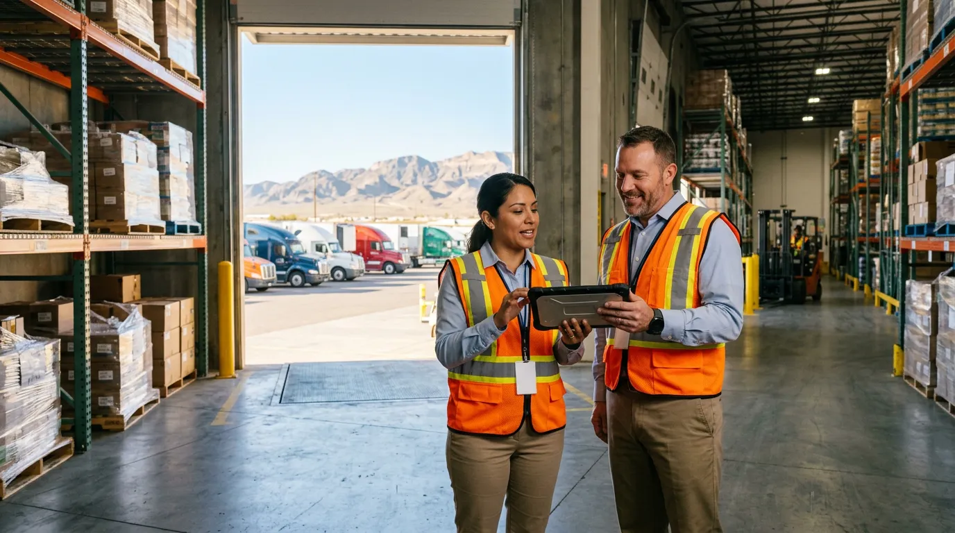 Two logistics operations managers in safety vests holding a tablet in a sunlit El Paso distribution warehouse with semi-trucks at the loading docks and the Franklin Mountains on the horizon