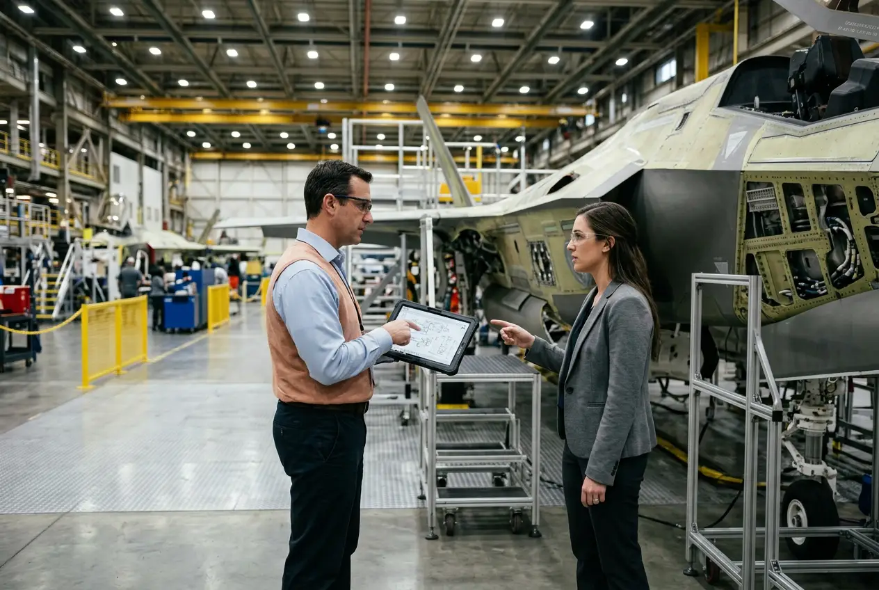 Aerospace engineers reviewing technical drawings beside a fifth-generation fighter aircraft fuselage on a Fort Worth production floor