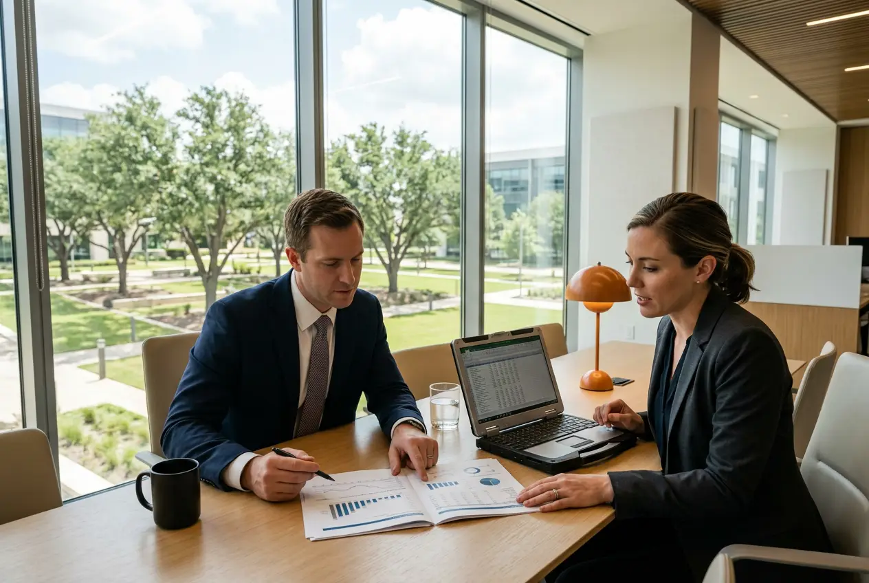 Finance professionals reviewing reports and dashboards in a sun-lit Westlake-style corporate campus near Fort Worth