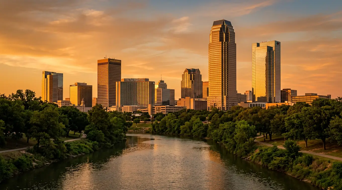 Downtown Fort Worth Texas skyline at golden hour with the Trinity River in the foreground and Burnett Plaza visible against a warm amber sky