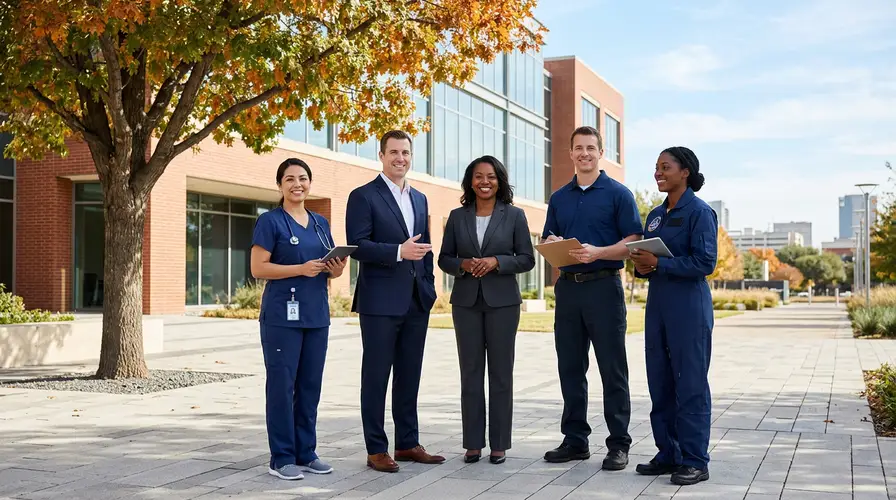 Diverse Fort Worth professionals representing aerospace, finance, healthcare, and logistics industries collaborating outside a modern corporate plaza