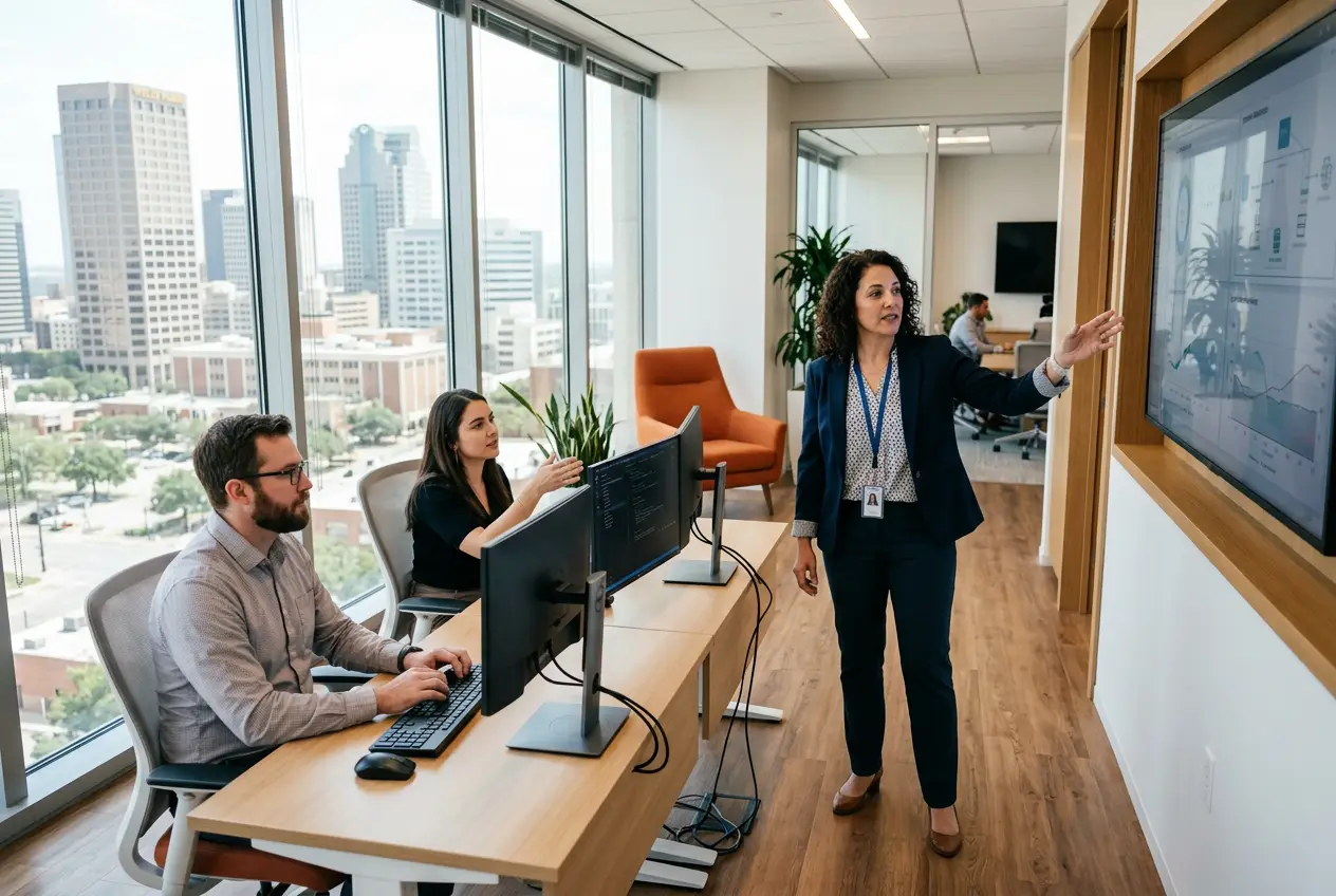 Corporate IT team reviewing dashboards in a modern downtown Fort Worth high-rise office with floor-to-ceiling windows