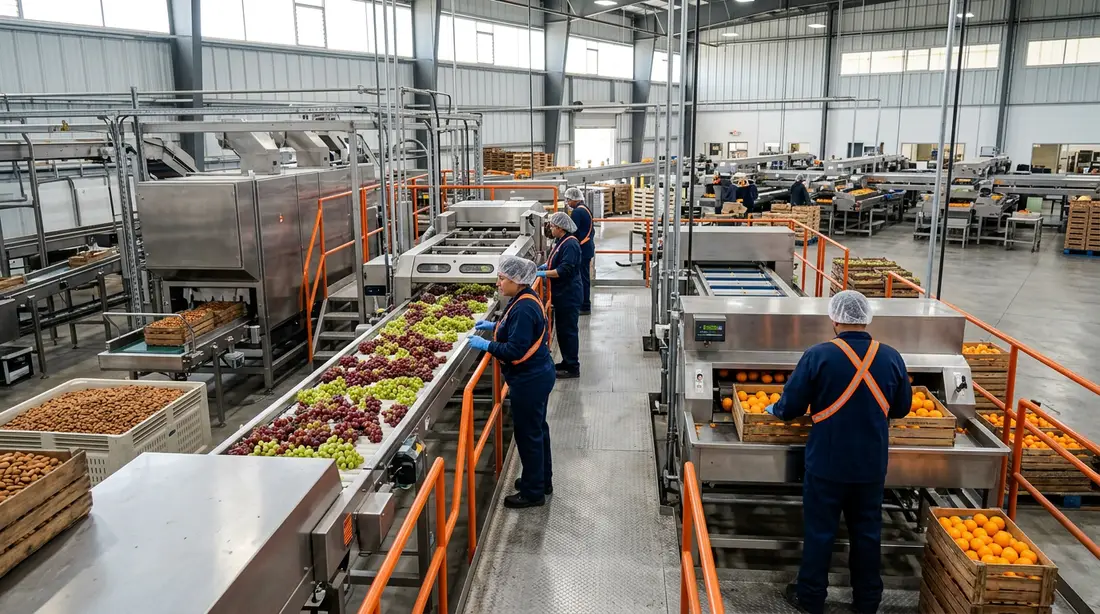 Central California food processing technicians operating a fruit grading and packing line inside a clean San Joaquin Valley facility with stainless steel conveyors and fresh produce
