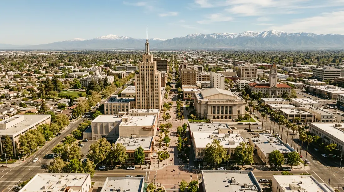 Aerial daytime view of downtown Fresno California with the Pacific Southwest Building, Fulton Street, and Veterans Memorial Auditorium visible against the Sierra Nevada mountains