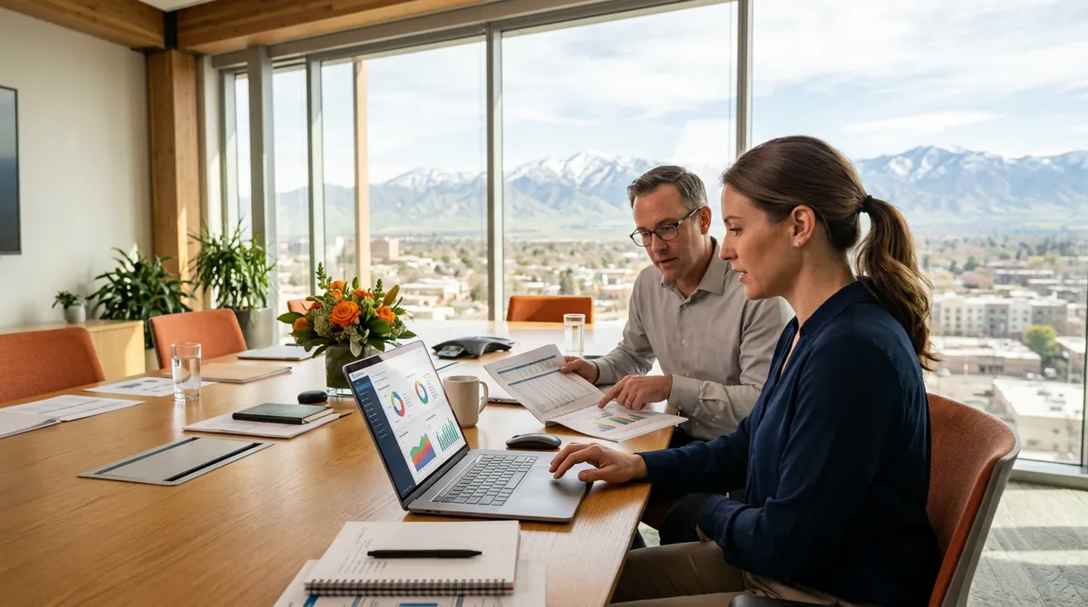 Finance professionals reviewing reports and dashboards in a sun-lit Central California corporate conference room with Sierra Nevada views