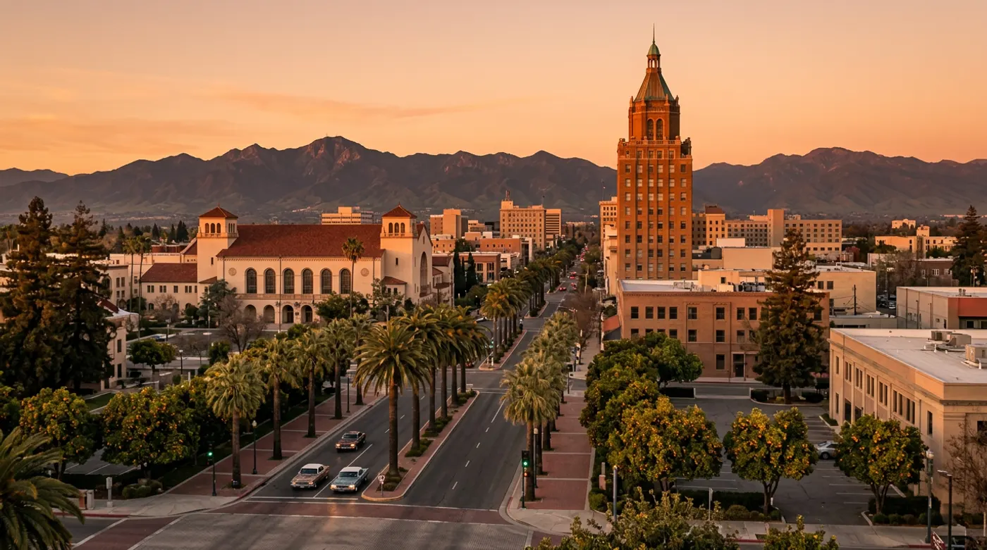 Downtown Fresno California skyline at golden hour with the Pacific Southwest Building and Memorial Auditorium visible against the Sierra Nevada mountain range in the warm amber distance