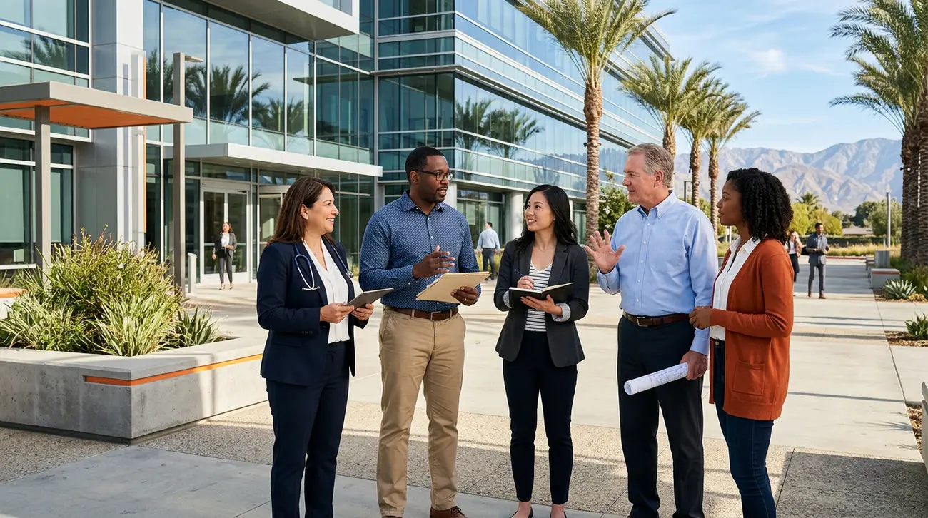 Diverse Fresno California professionals representing agriculture, healthcare, logistics, and finance industries collaborating outside a modern Central Valley corporate plaza