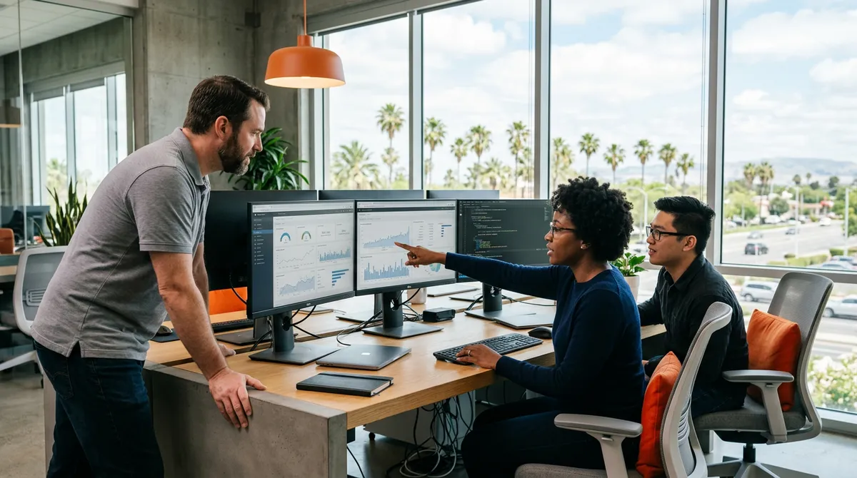 Corporate IT team reviewing dashboards in a modern North Fresno California office with floor-to-ceiling windows showing palm trees and the Central Valley sky