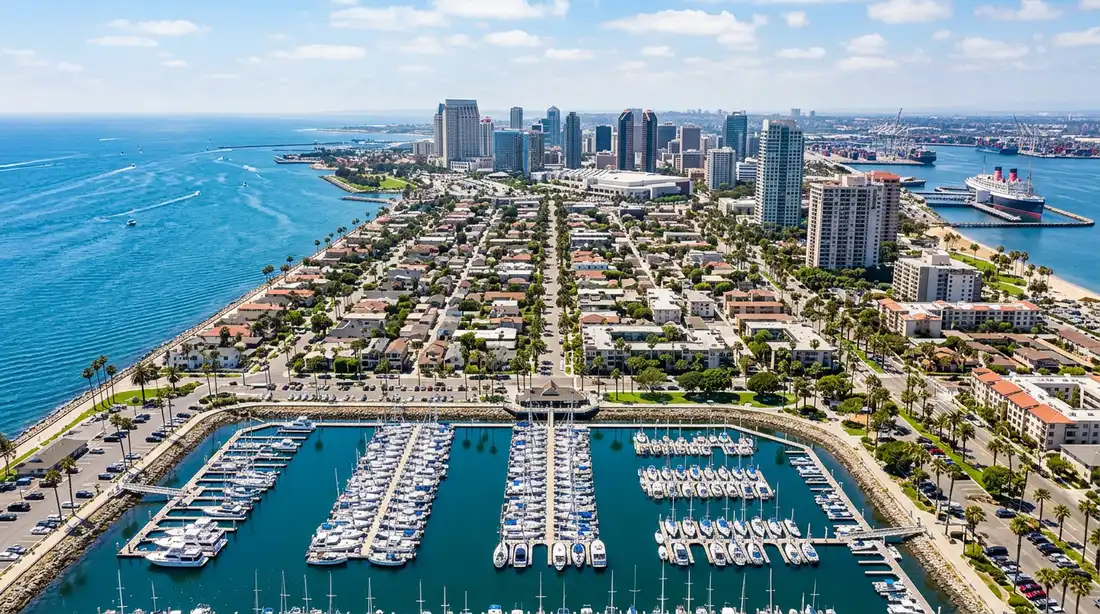 Aerial daytime view of Belmont Shore and downtown Long Beach with the marina and Pacific Coast visible