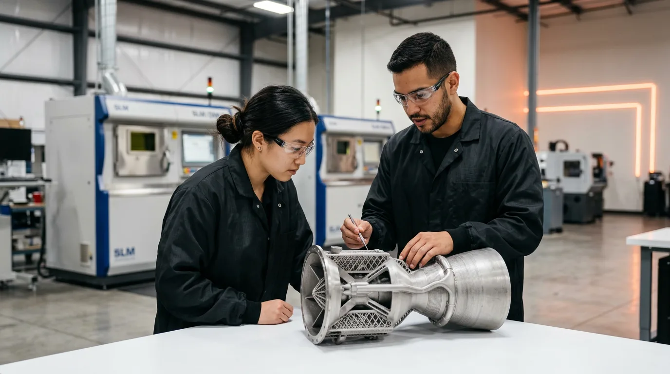Aerospace engineers inspecting a 3D-printed rocket component in a Long Beach manufacturing facility
