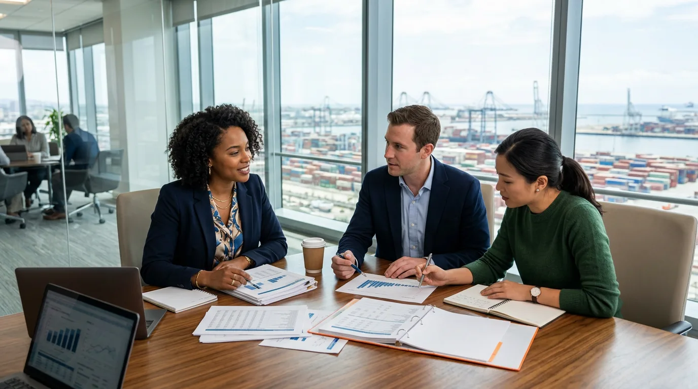 Finance professionals in a glass-walled Long Beach conference room reviewing cost reports with the port skyline behind them
