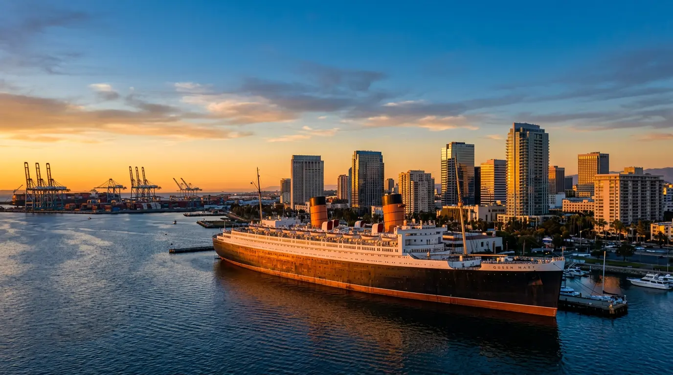 Long Beach California skyline at sunset with the Queen Mary and port cranes visible along the harbor